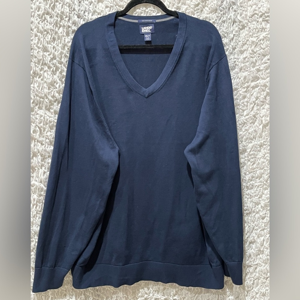 LANDSEND MEN Navy V-Neck Sweater, 100%PIMA COTTON, MENS SIZE 3XL/ T 54–56